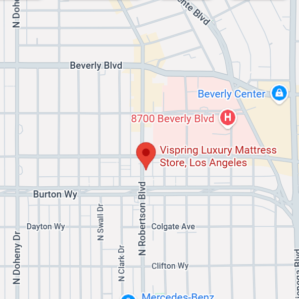 A Google Maps-style street view centered on 8700 Beverly Blvd in Los Angeles, with a red pin marking 'Vispring Luxury Mattress Store, Los Angeles' and surrounding streets and landmarks.